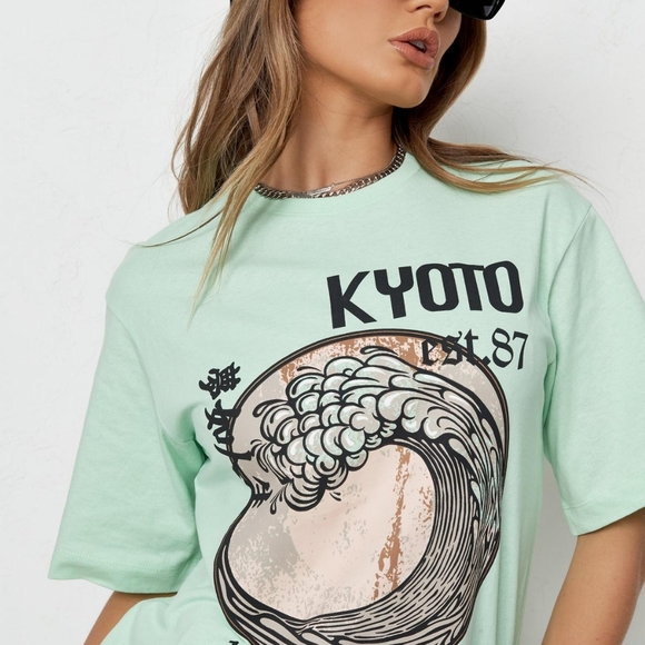 Green Kyoto Graphic Oversized T-Shirt Dress - Picture 2 of 3